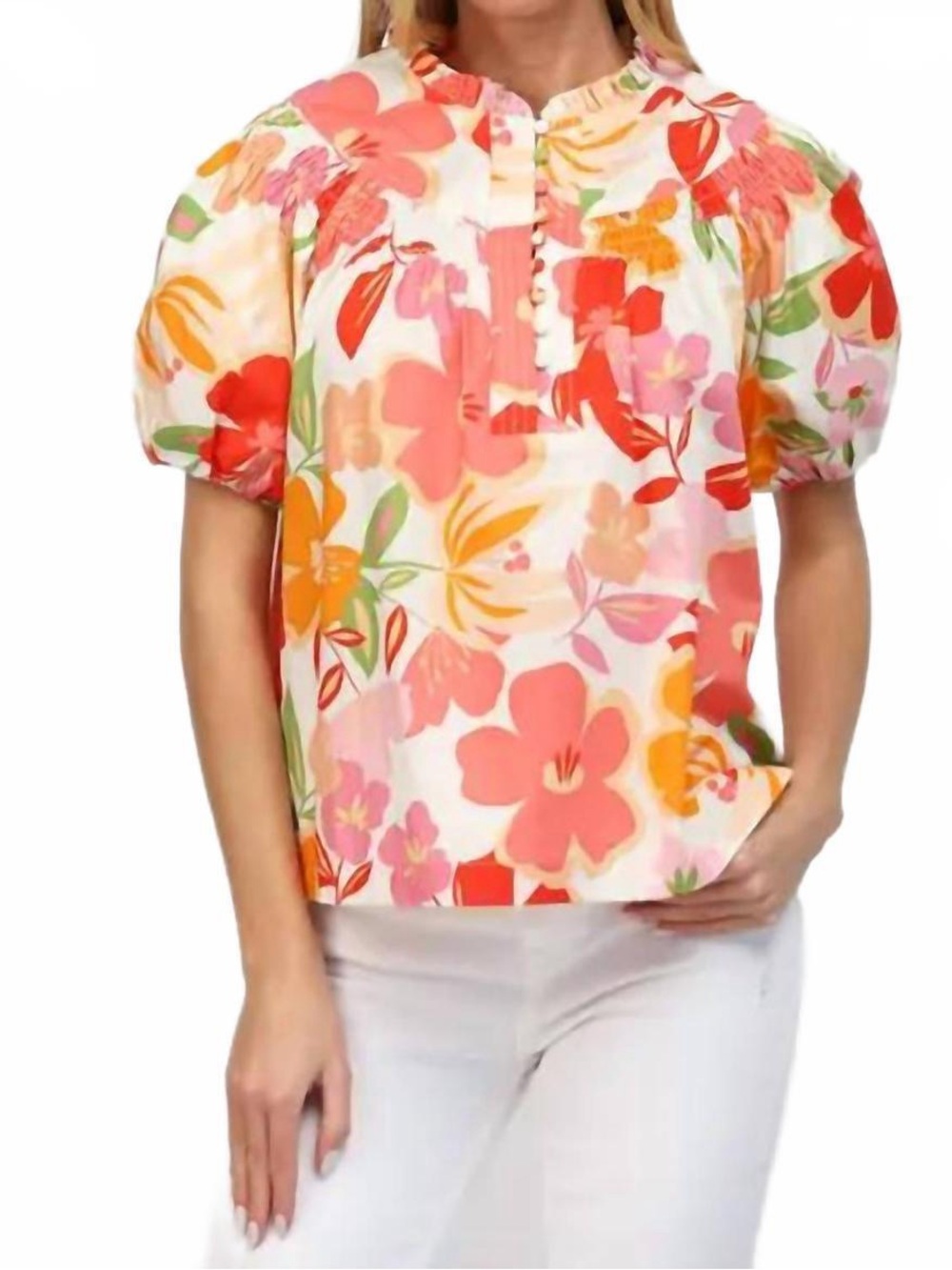 Fate Floral Puff-Sleeve Blouse - Pink, Orange, Green